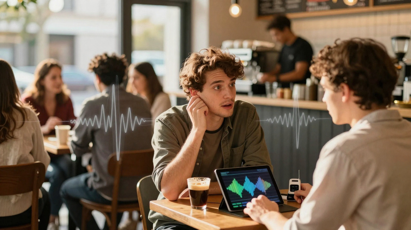 Duas pessoas conversando em café, com gráfico de ondas sonoras visível em tablet sobre a mesa.