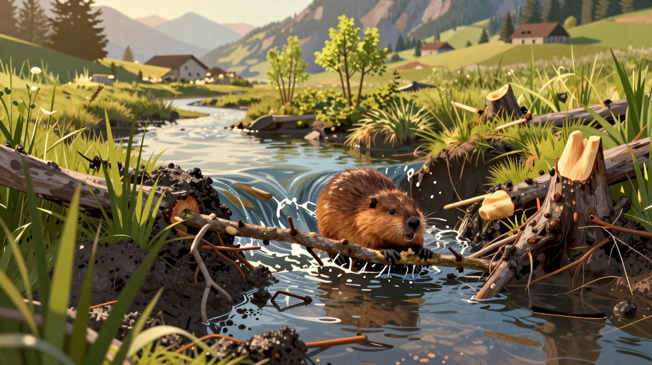 Castor nadando no córrego cercado de árvores e montanhas ao fundo em um cenário natural.