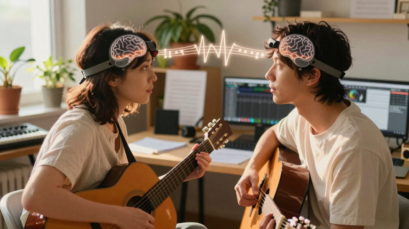Duas pessoas tocando violão, conectadas por um sinal visual entre cérebros em headbands tecnológicas.