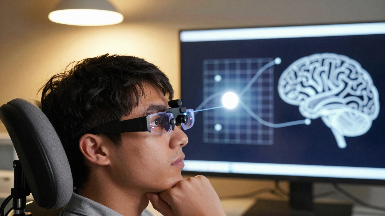 Homem usando óculos tecnológicos frente a tela com gráfico e imagem digital de cérebro.