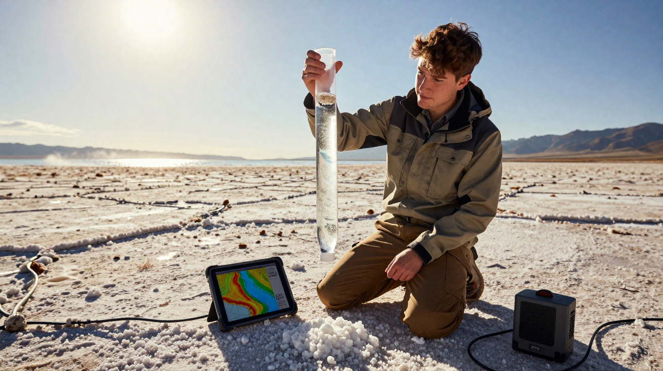 Jovem analisando amostra de solo em área desértica com equipamentos eletrônicos ao redor.