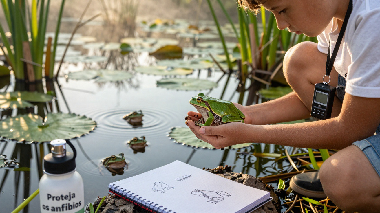Criança segura sapo verde perto de lago com sapos e caderno de desenhos de anfíbios.