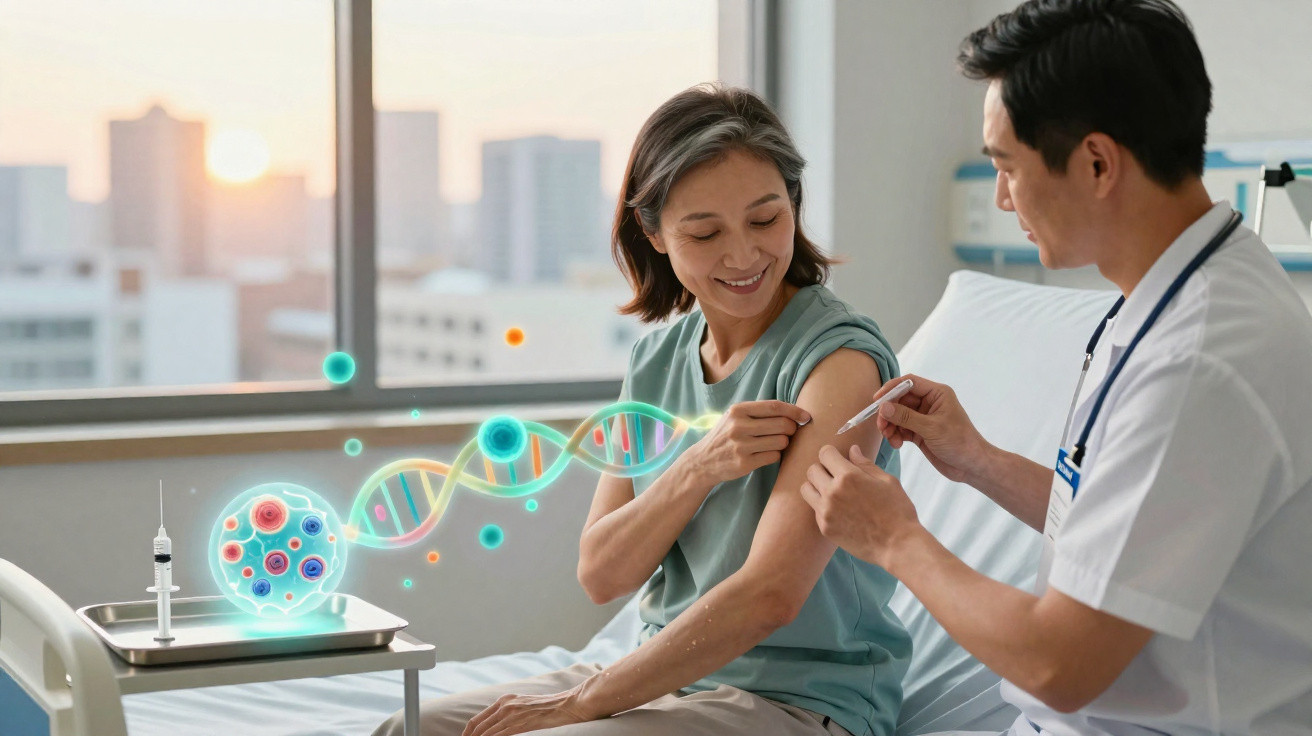 Paciente sorrindo enquanto recebe vacina de médico em ambiente hospitalar, com ilustração de DNA no ar.