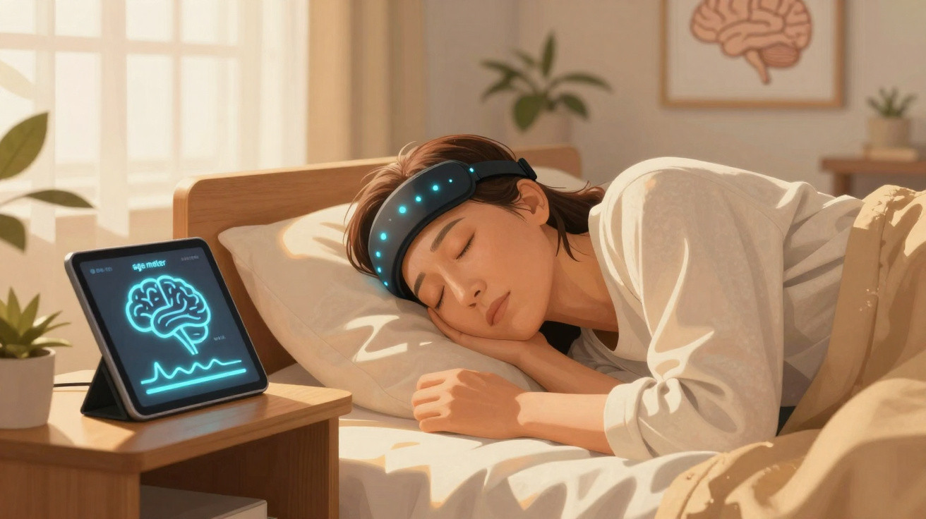 Mulher dormindo com faixa tecnológica na cabeça, monitor de sono digital ao lado na cama.