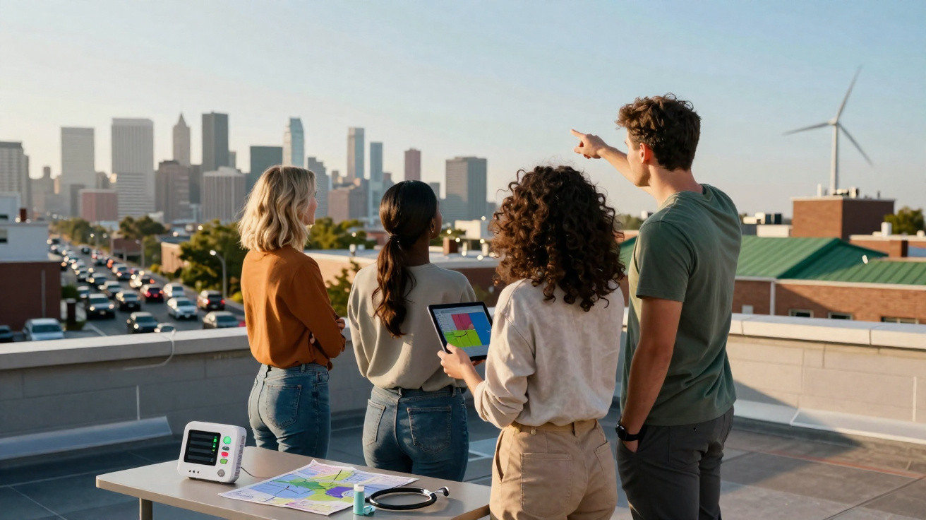 Quatro pessoas observam a skyline da cidade a partir de um terraço, com mesa e equipamentos médicos à frente.