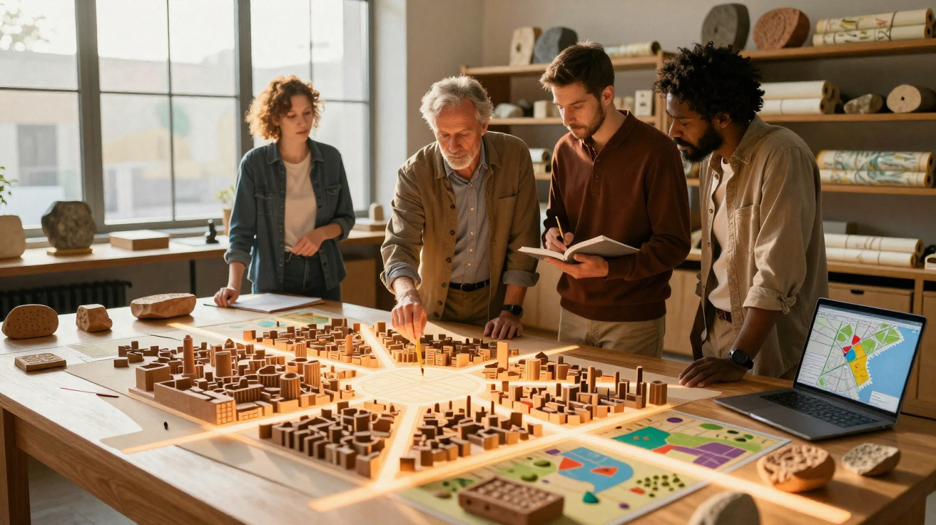 Equipe de quatro arquitetos analisando maquete de projeto urbano em mesa iluminada com laptop ao lado.