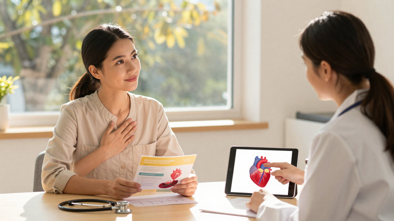 Paciente conversa com médica que explica sobre o coração usando tablet e folheto informativo.