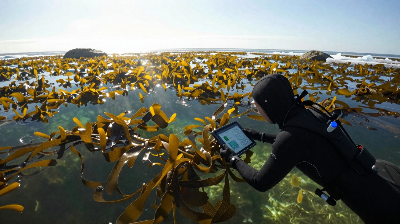 Mergulhador com traje de neoprene registra dados em tablet próximo a algas marinhas em águas rasas.