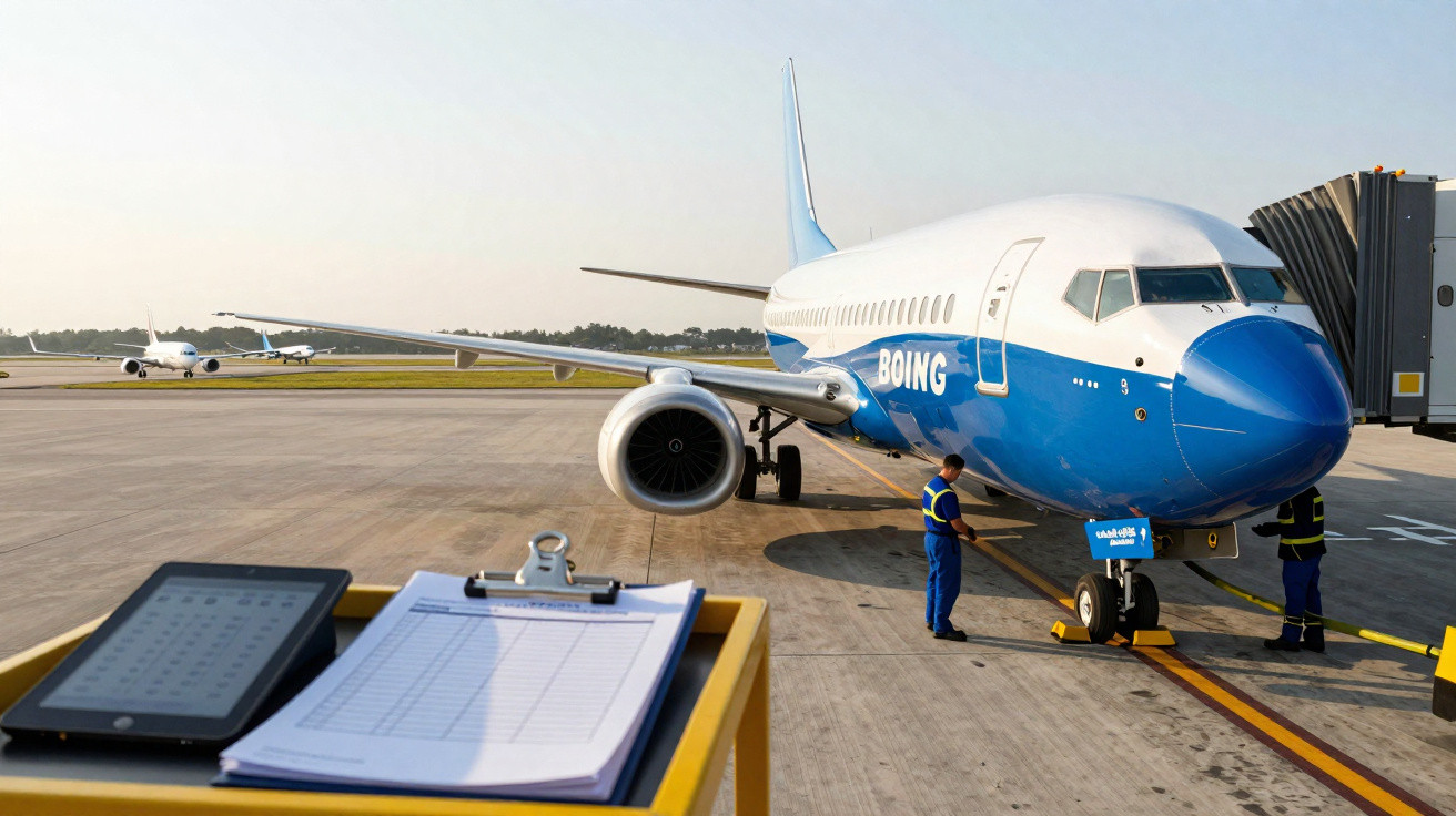 Avião da Boeing no portão do aeroporto com profissionais de manutenção e documentos em destaque.