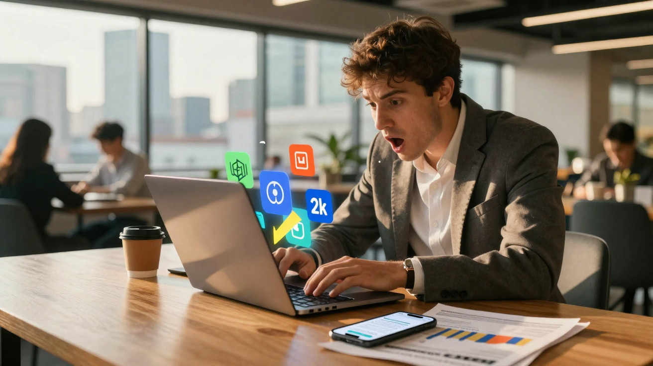 Homem surpreso mexendo no notebook em escritório moderno com gráficos e ícones digitais ao redor.