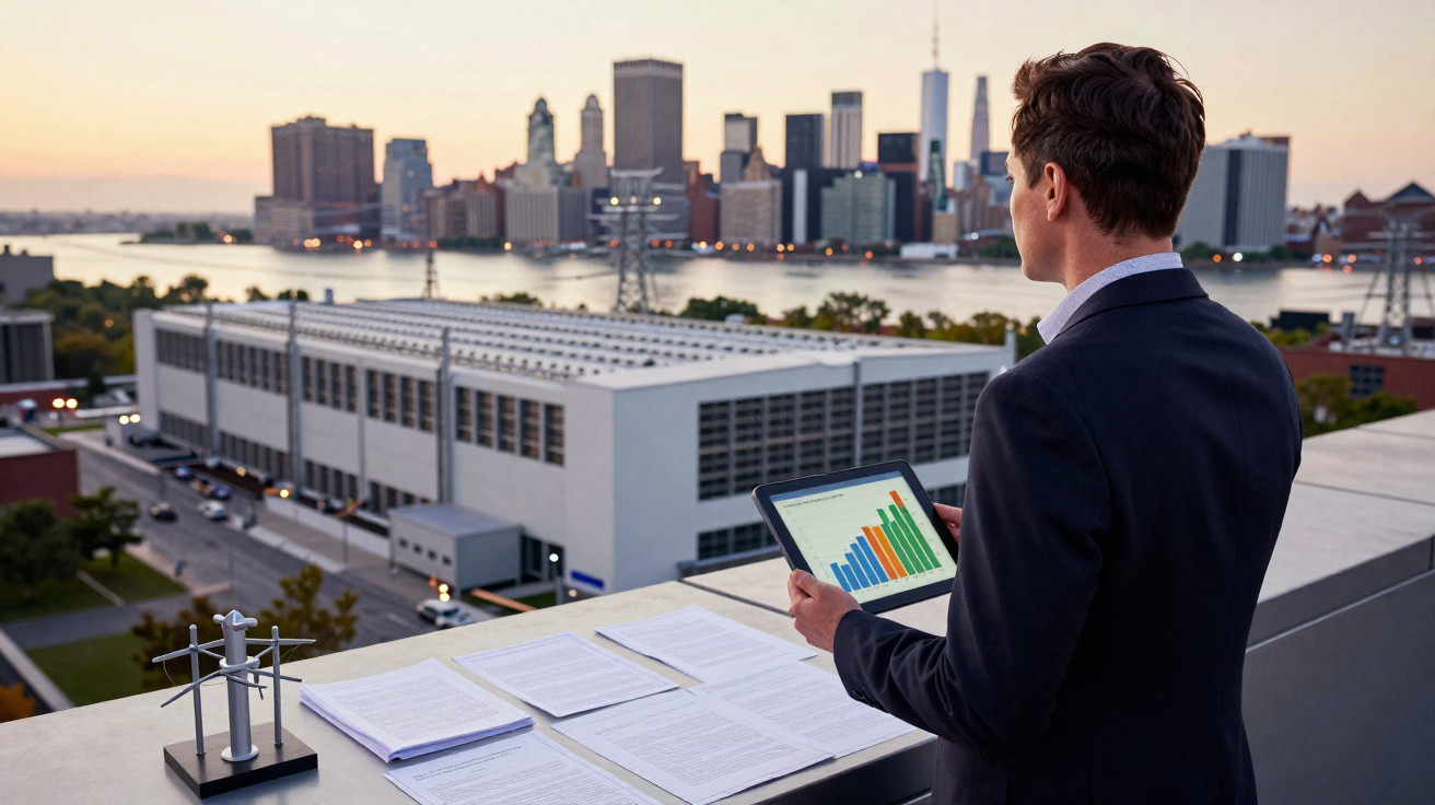 Homem segurando tablet com gráficos em varanda com vista para skyline de cidade ao entardecer.