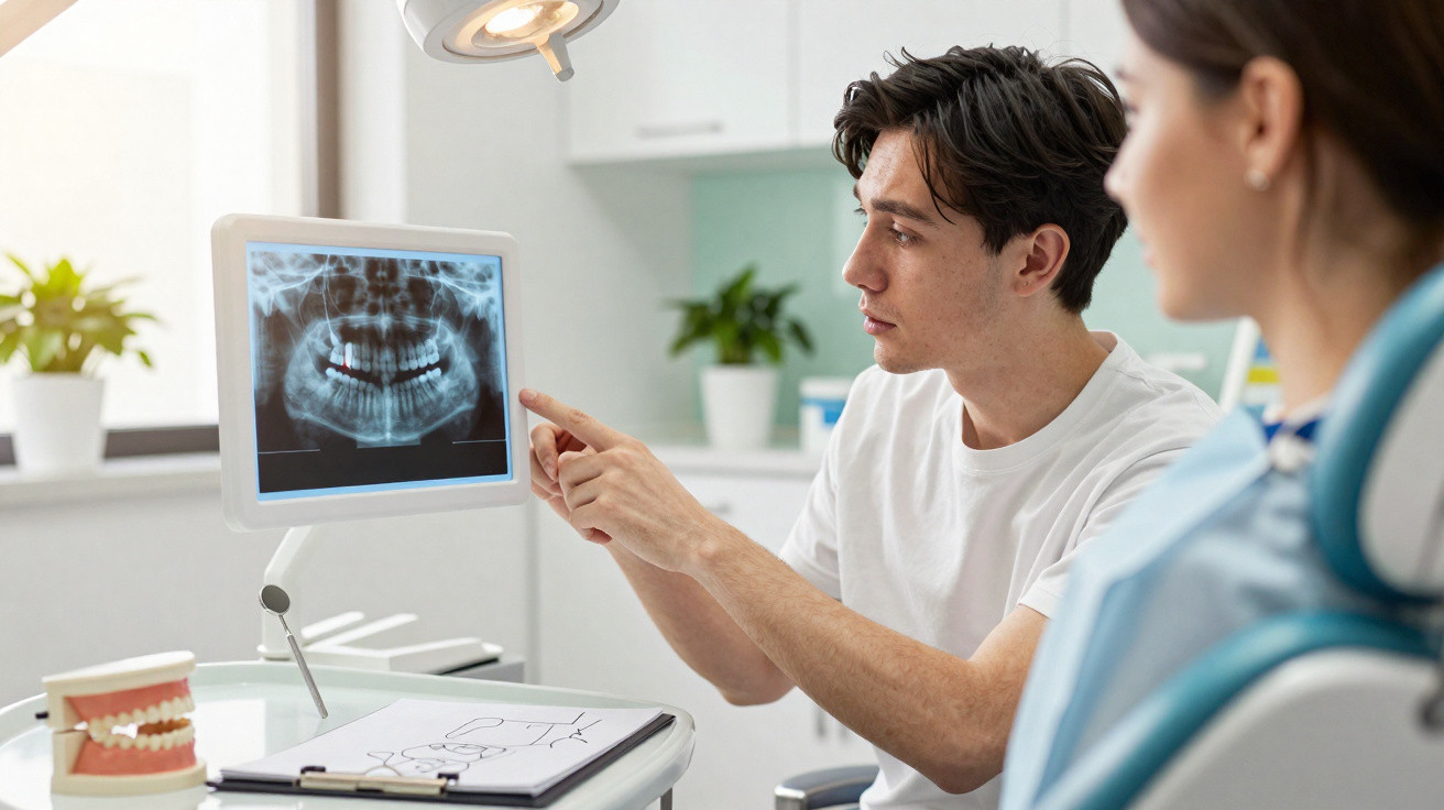 Dentista explicando exame de radiografia odontológica a paciente na sala de atendimento.