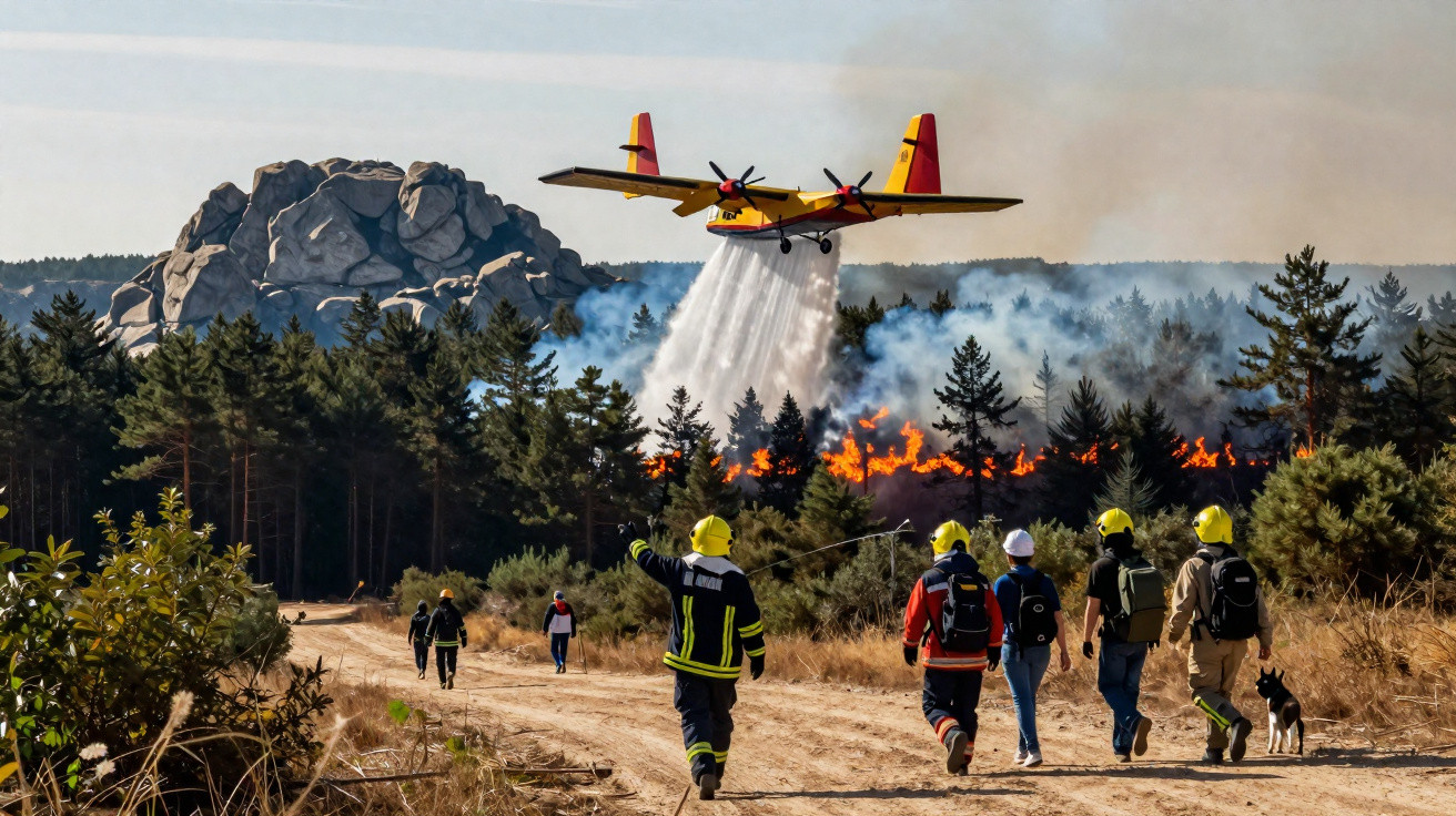Avião lança água para apagar fogo em floresta enquanto bombeiros caminham por estrada de terra.