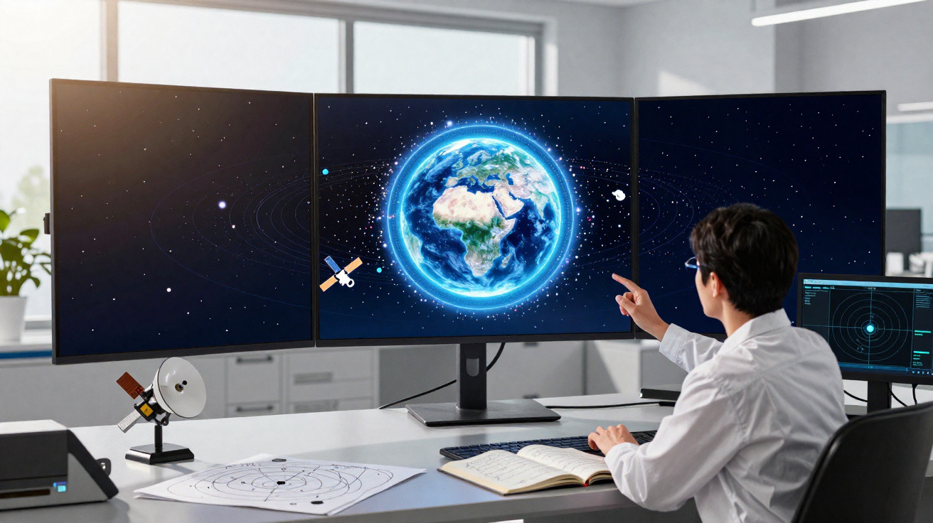 Homem observando imagens da Terra e satélites em múltiplos monitores em escritório moderno.