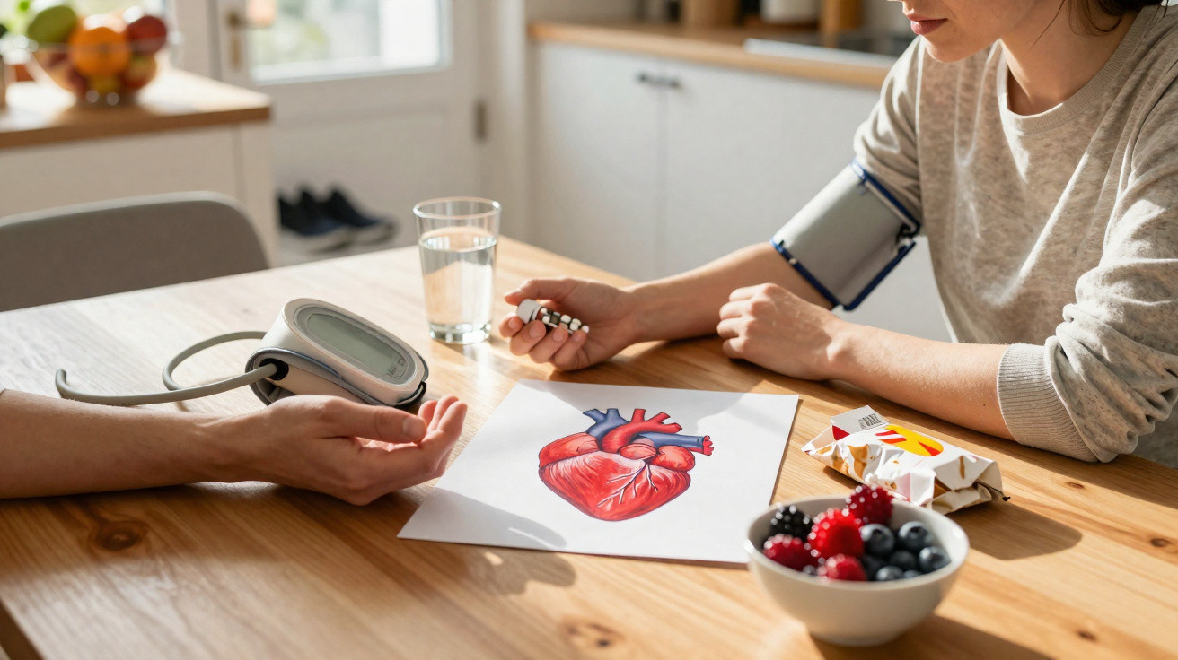 Pessoa medindo pressão arterial, segurando comprimidos, com desenho de coração e frutas na mesa.