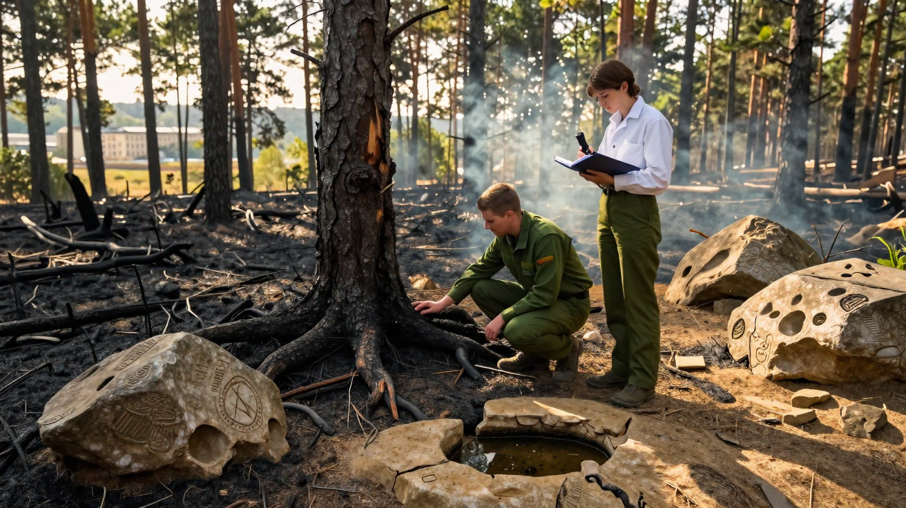 Dois pesquisadores analisam área de floresta queimada com pedras esculpidas ao redor de uma árvore.