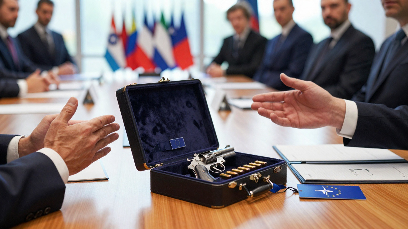Pessoas em reunião formal com uma maleta aberta mostrando um revólver e munição sobre a mesa.