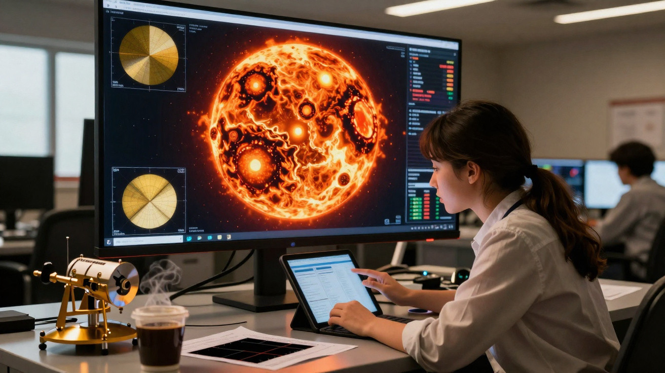 Mulher analisando dados de uma estrela ativa em tela grande em ambiente de trabalho de astronomia.