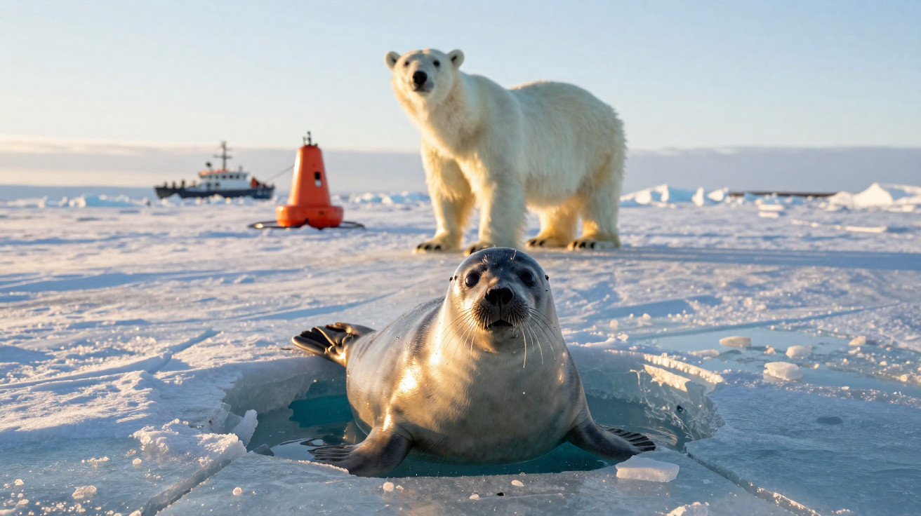 Foca saindo de buraco no gelo com urso polar e navio ao fundo na região ártica.