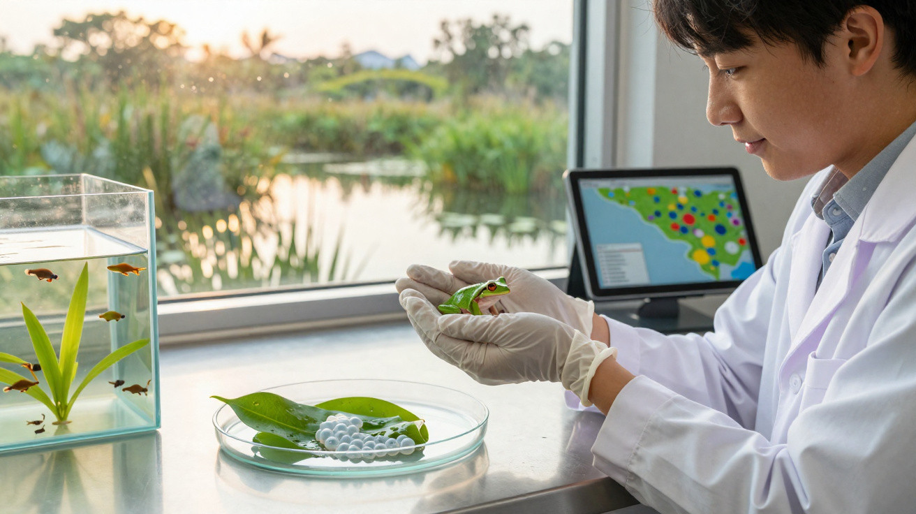 Cientista analisa sapo verde em laboratório com aquário e tablet exibindo mapa na janela.