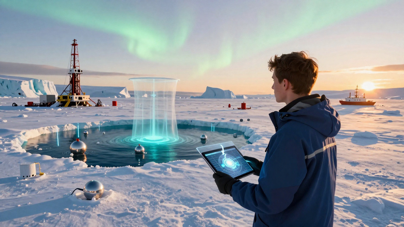 Pesquisador com tablet observa fenômeno tecnológico em área gelada com aurora e navio ao fundo.