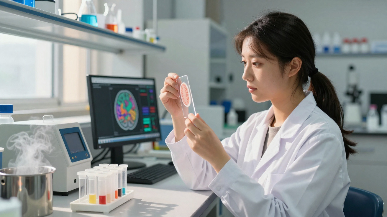 Mulher cientista em laboratório analisando lâmina com imagem de cérebro, com equipamentos e tubos de ensaio ao redor.