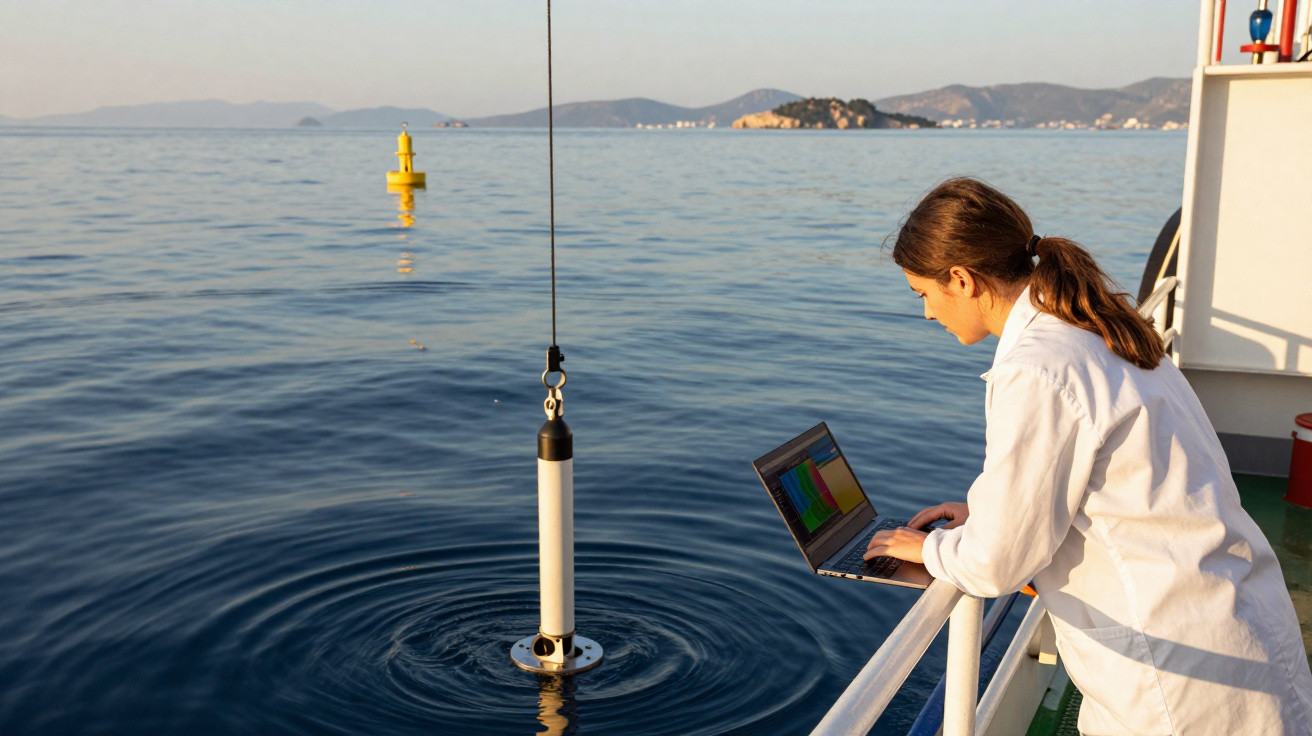 Mulher cientista com jaleco branco usa laptop em barco enquanto equipamento é submerso no mar calmo.