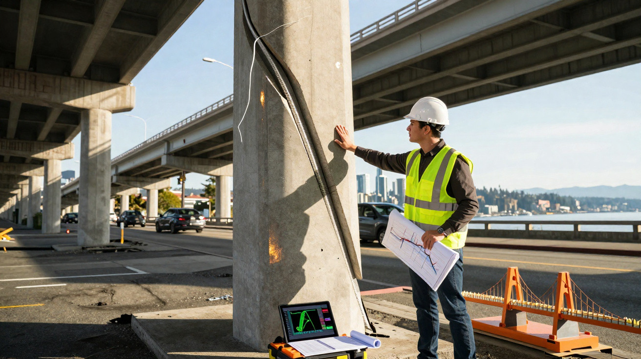 Engenheiro com colete e capacete analisa pilar de ponte com maquete e laptop ao lado na obra.