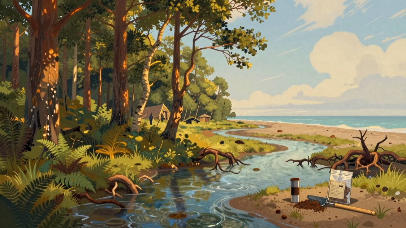 Paisagem com riacho serpenteando por floresta e praia ao fundo em dia ensolarado, com utensílios no primeiro plano.