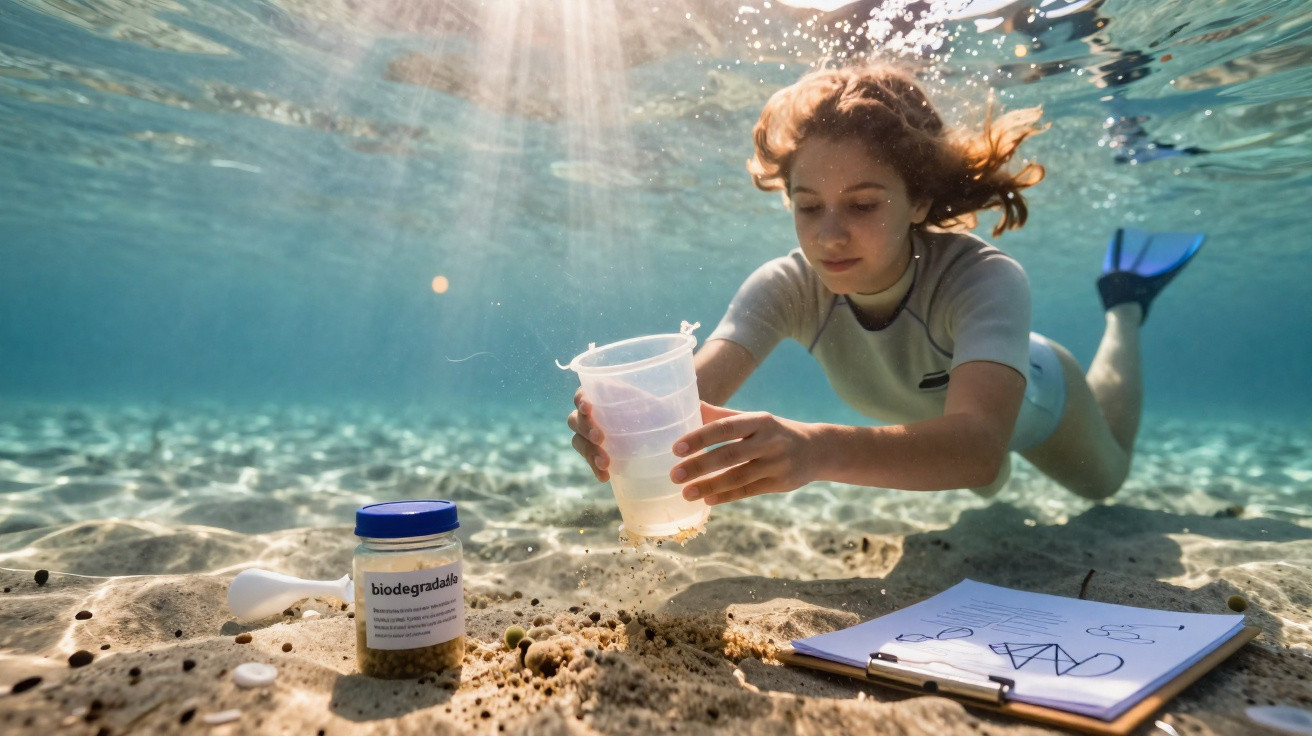 Jovem mergulhadora coleta amostra de água em copo plástico, com pote biodegradável e prancheta no fundo do mar.