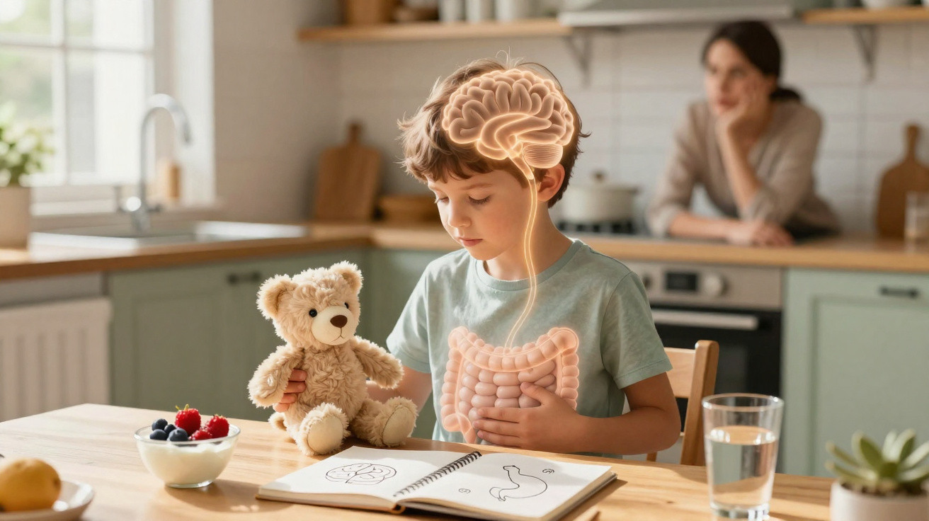 Criança sentada à mesa com urso de pelúcia, desenho do cérebro e intestino em destaque, e livro aberto.