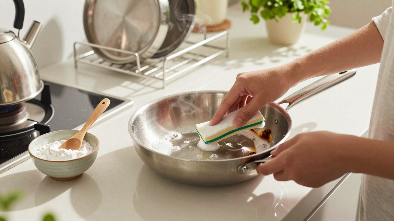 Pessoa limpando frigideira de inox com esponja em bancada de cozinha clara.
