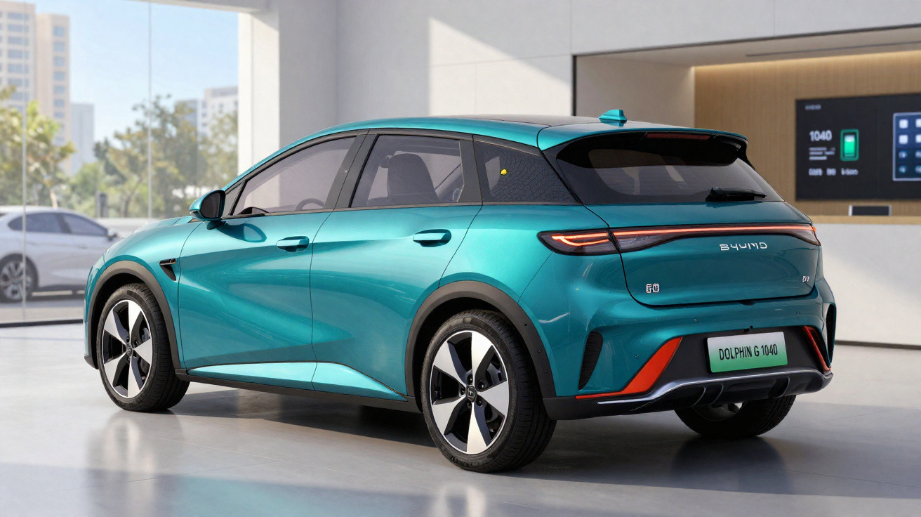 Carro elétrico BYD Dolphin azul metálico estacionado em ambiente interno moderno.