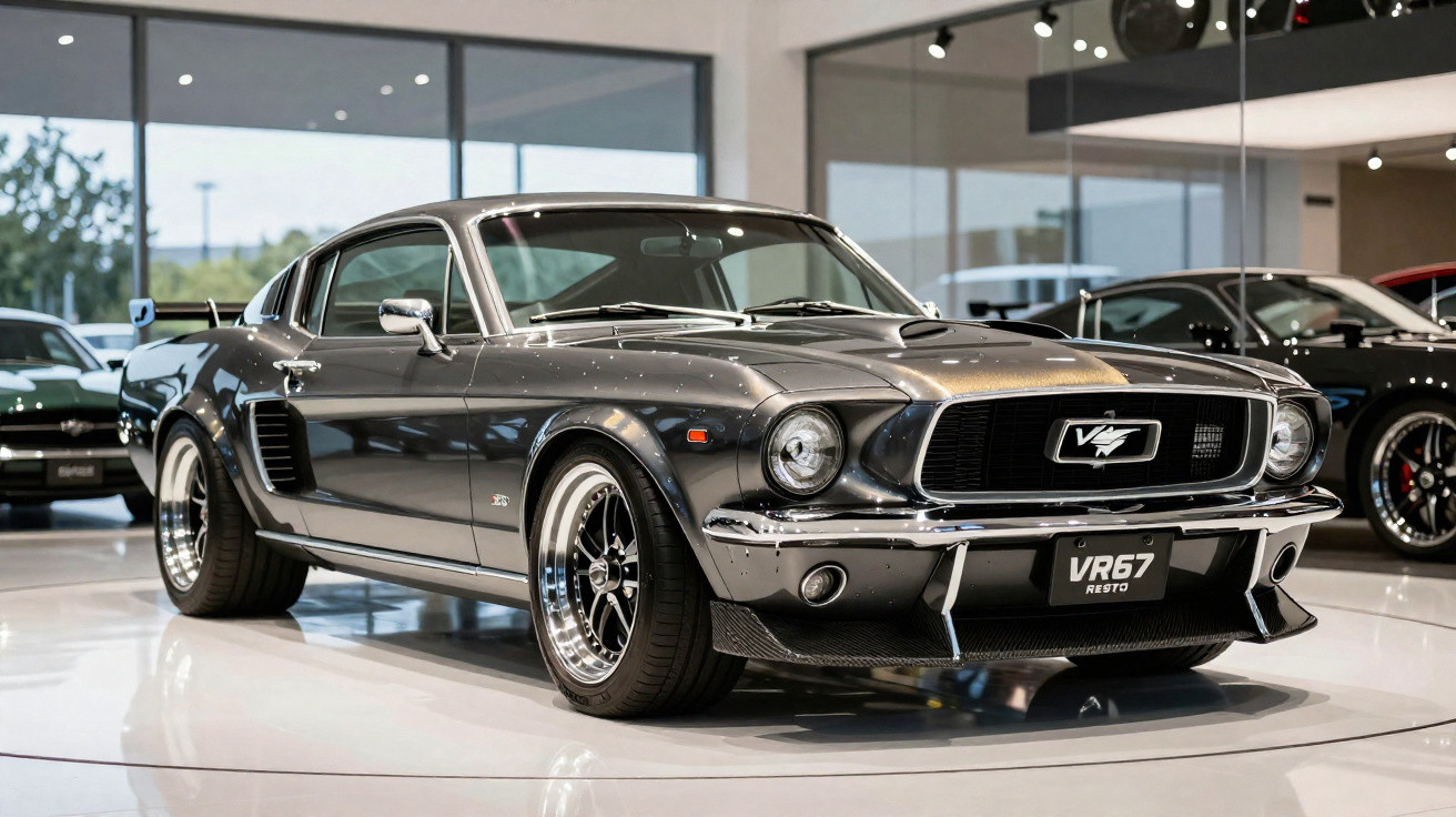 Carro esportivo clássico Ford Mustang VR67 Resto cinza metálico exibido em showroom moderno.
