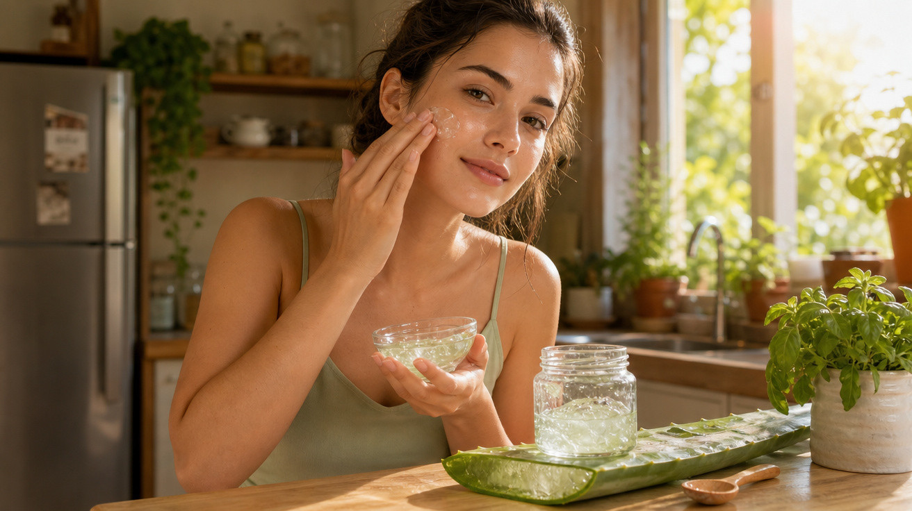 Mulher aplicando gel de aloe vera no rosto em cozinha iluminada, com planta e frasco na mesa.