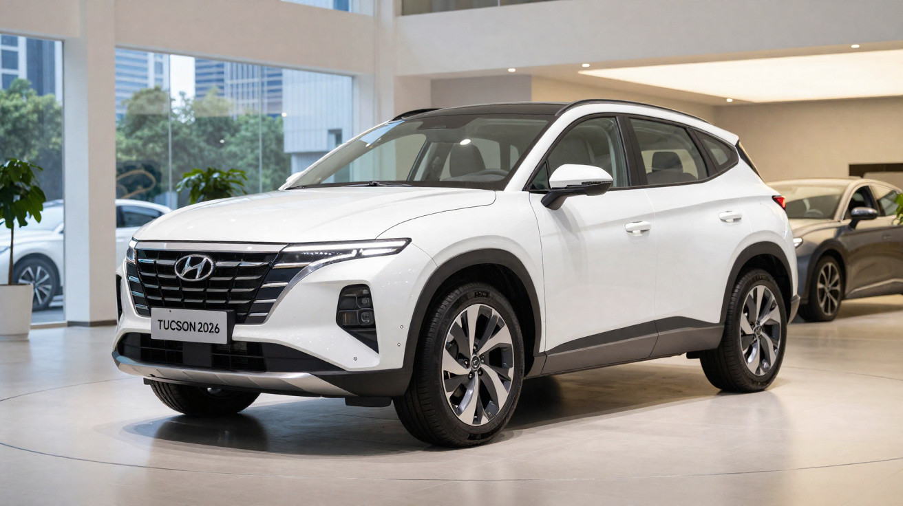 SUV Hyundai Tucson 2026 branco exibido em showroom moderno com acabamento sofisticado.