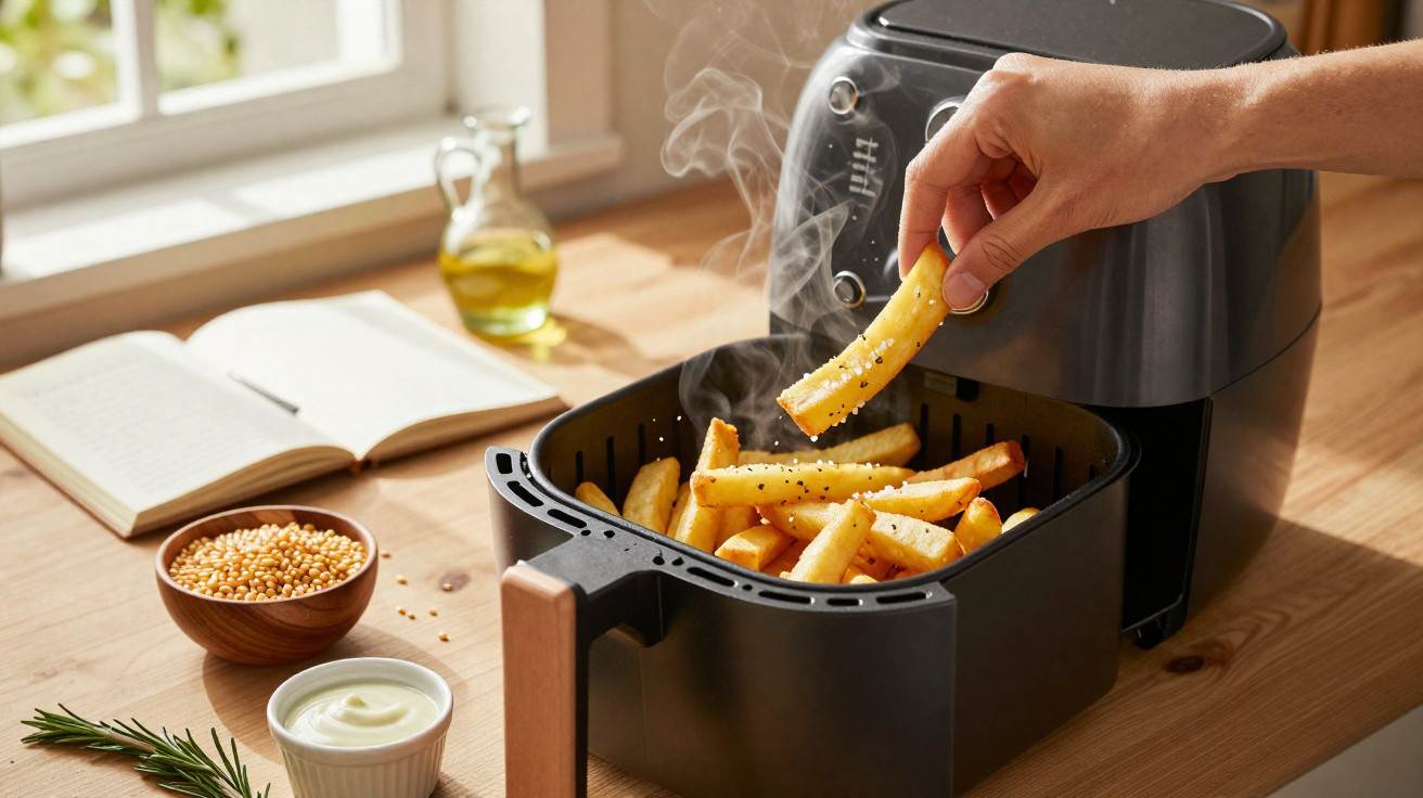Mão pegando batatas fritas quentes e crocantes em fritadeira sem óleo com preparo na bancada.