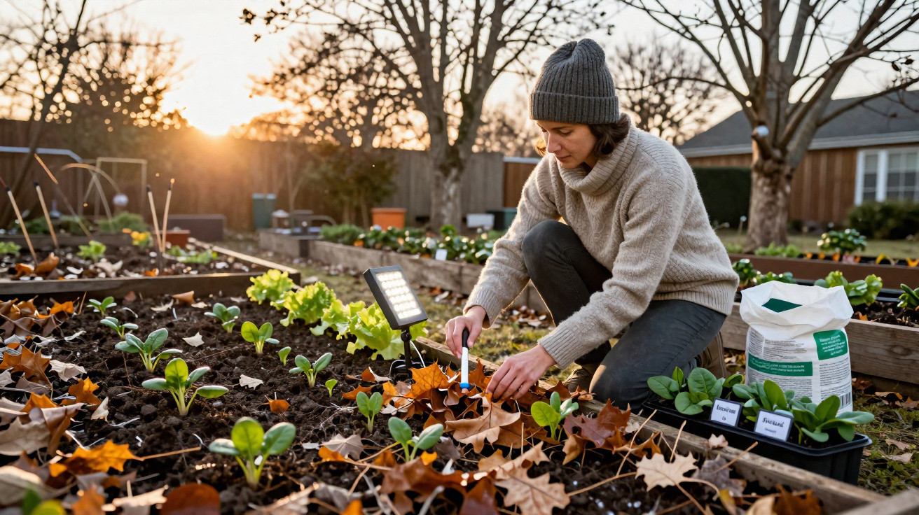 Mulher com gorro cuidando de plantas em canteiro de jardim ao pôr do sol, rodeada de folhas secas.