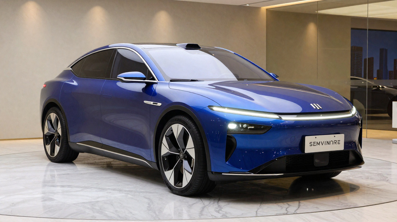 Carro elétrico esportivo azul em exposição, ambiente interno com piso e paredes claras, refletindo modernidade.