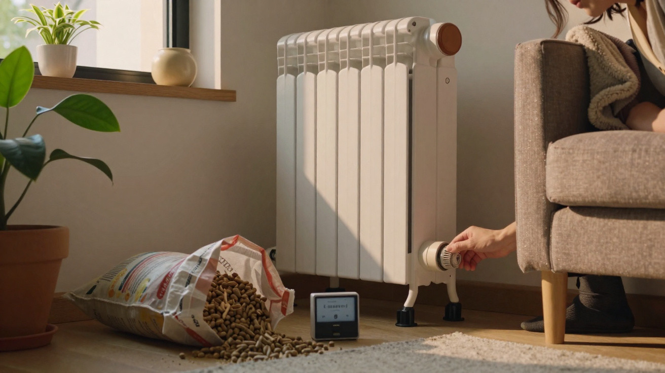 Pessoa ajustando o termostato de um aquecedor próximo a sofá, com pellets de madeira espalhados no chão.