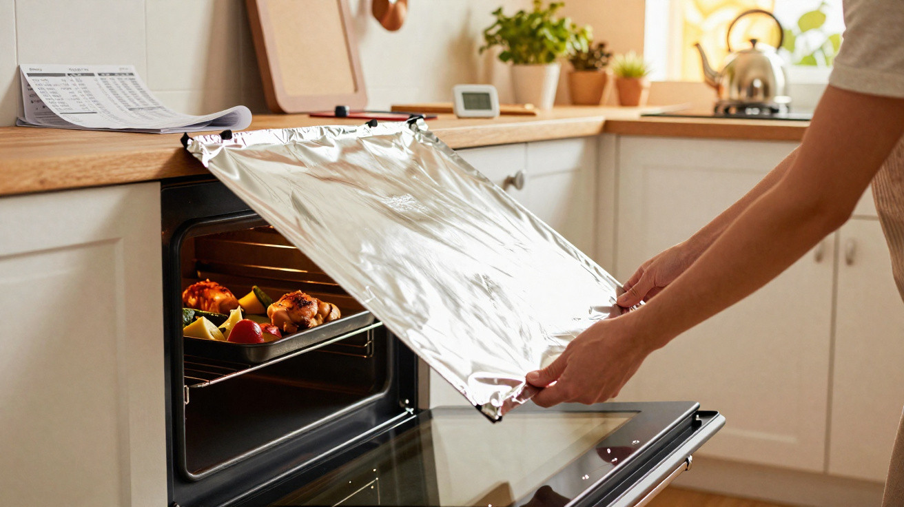 Pessoa retirando recipiente com frango assado e legumes do forno em cozinha iluminada.