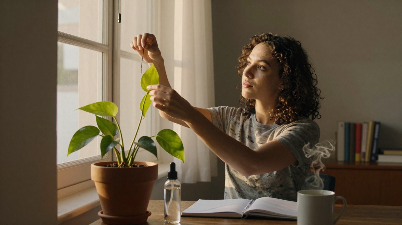Mulher cuidando de planta próxima à janela, com caderno aberto e xícara fumegante na mesa.