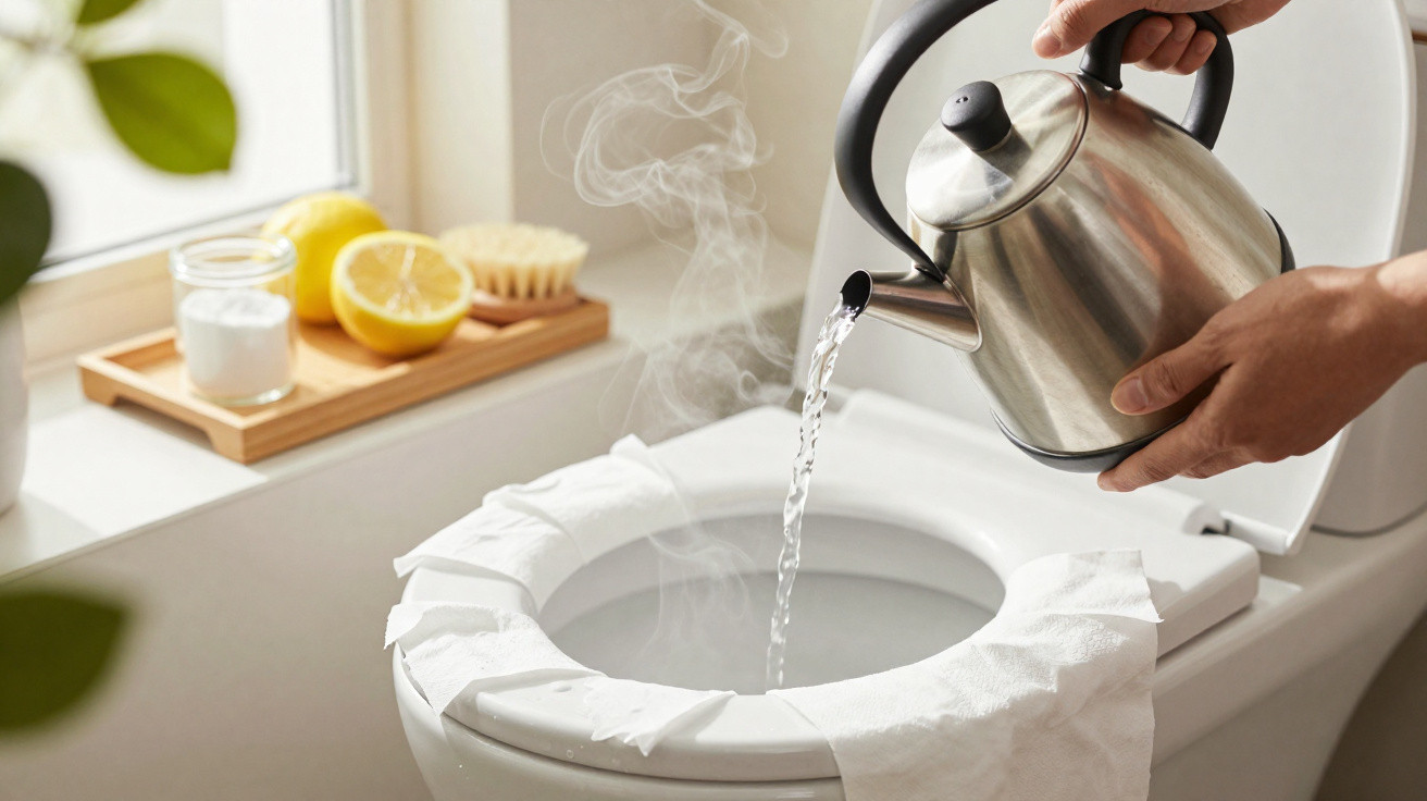 Pessoa despejando água quente de chaleira em vaso sanitário com papel higiênico ao redor do assento.