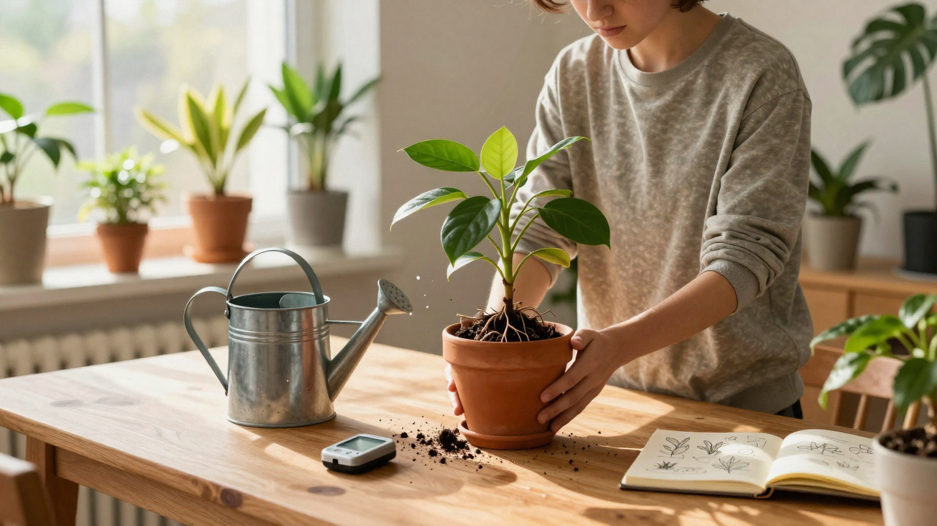 Pessoa transplantando planta em vaso de cerâmica sobre mesa de madeira com regador e livro de botânica aberto.