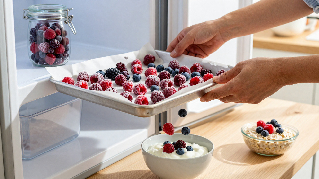 Mãos segurando assadeira com frutas vermelhas congeladas, caindo em tigela com iogurte na geladeira.