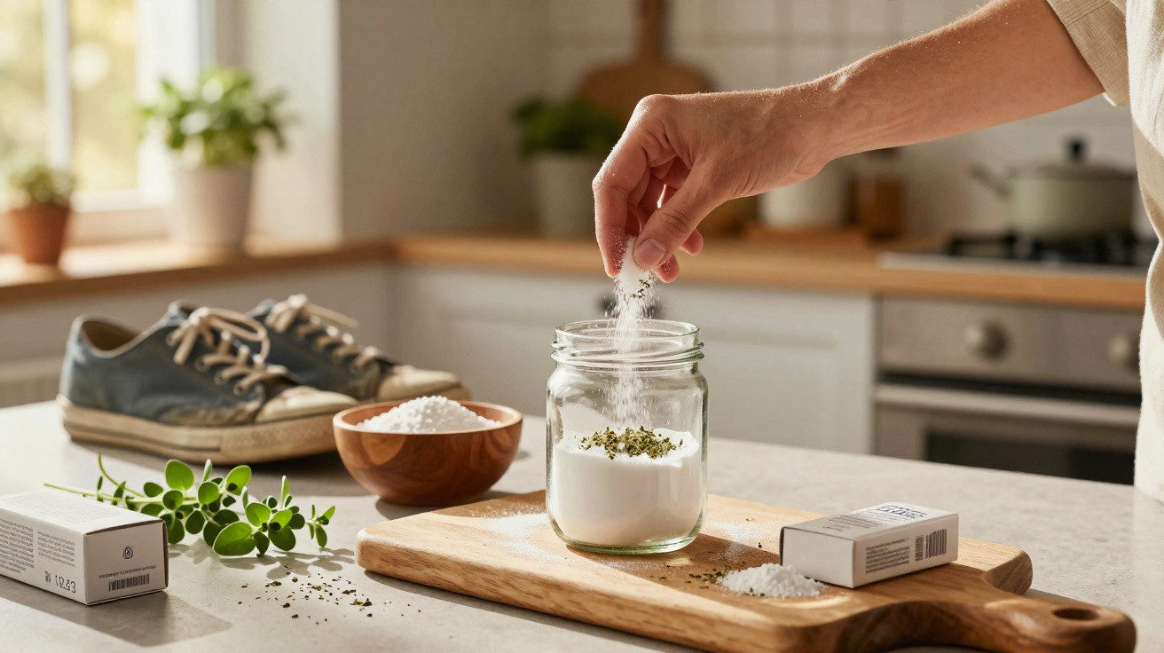 Mão adiciona sal em pote com ervas em bancada de cozinha com tênis e plantas ao fundo.
