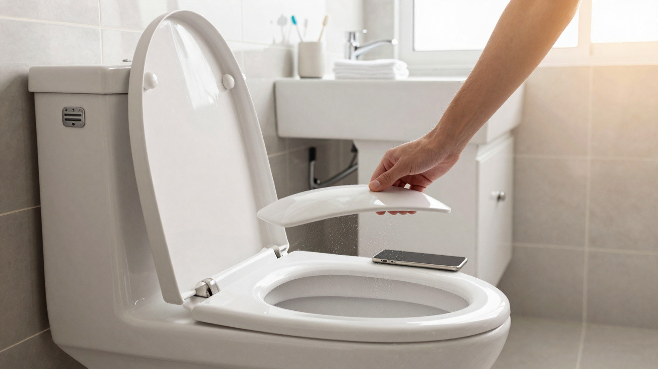 Pessoa levantando a tampa de vaso sanitário branco em banheiro para tentar alcançar celular caído dentro da privada.