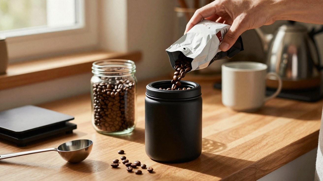 Mão despejando grãos de café em recipiente preto sobre bancada de madeira clara em cozinha iluminada.