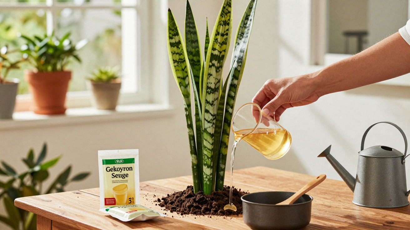 Pessoa regando planta espada-de-são-jorge em vaso improvisado na mesa de madeira clara.