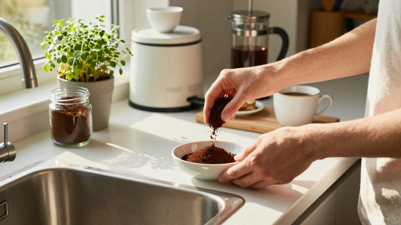 Mãos colocando pó de café em tigela branca sobre bancada de cozinha iluminada por luz natural.